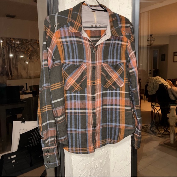 Free People Plaid Shirt Jacket in Olive, Rust & Blue - Picture 3 of 9